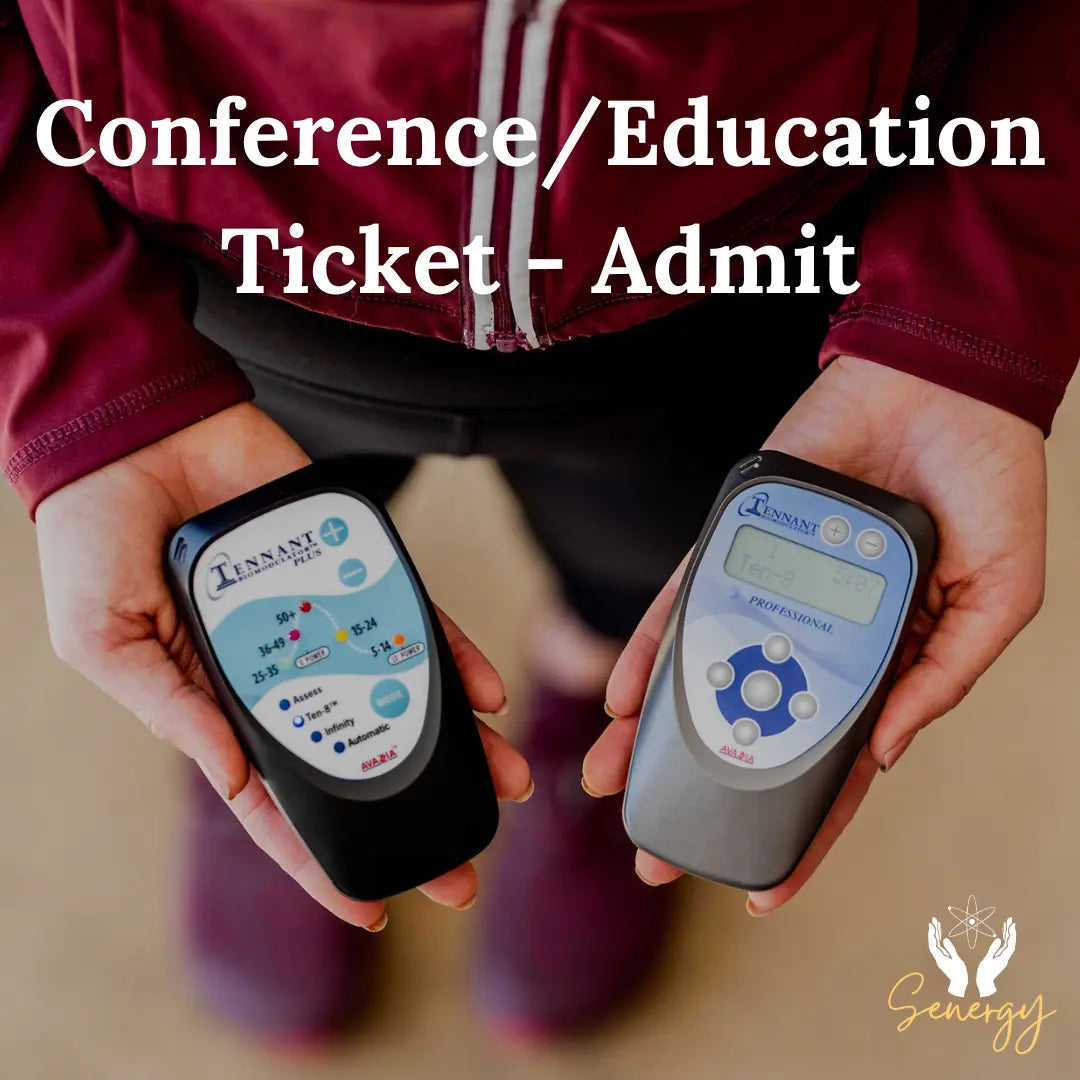 photo of a woman holding both the biomodulator pro and plus in her hands and the words conference/education ticket - admit