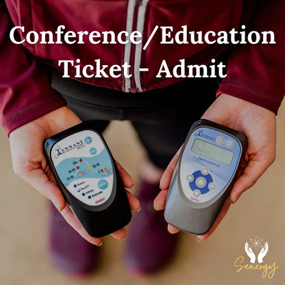 photo of a woman holding both the biomodulator pro and plus in her hands and the words conference/education ticket - admit