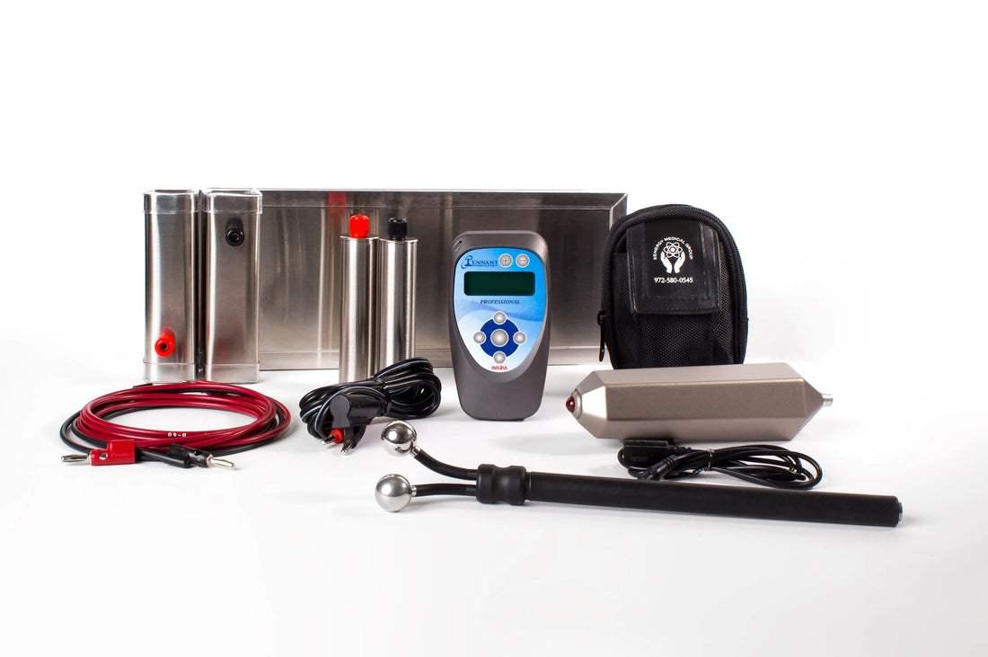 photo of the biomodulator pro with carrying case, crystal wave attachment, y-electrode, wires, hand grips and foot plates