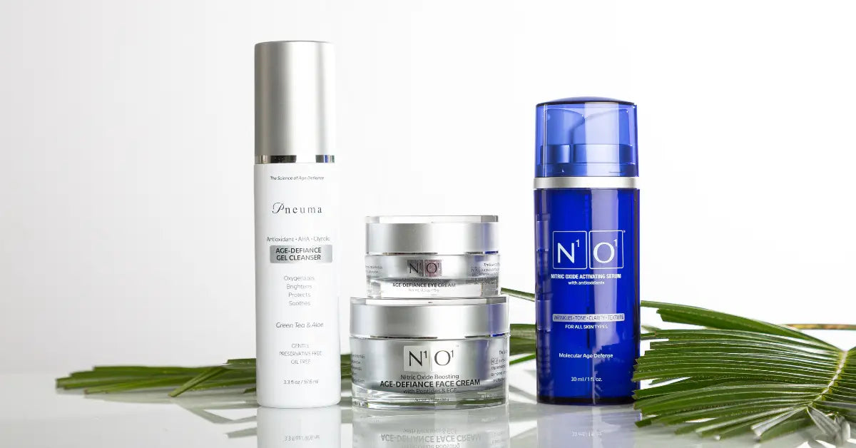 photo of the N1O1 Nitric Oxide activating age-defiance skincare system including the age defiance face cream, age defiance eye cream, the NOxide activating skin serum and the Pnuema age defiance gel cleanser 