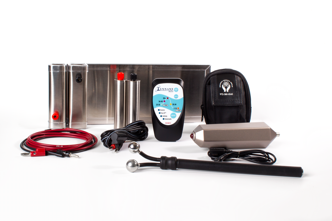 photo of the biomodulator plus and carrying case, y-electrode, hand grips and foot plates