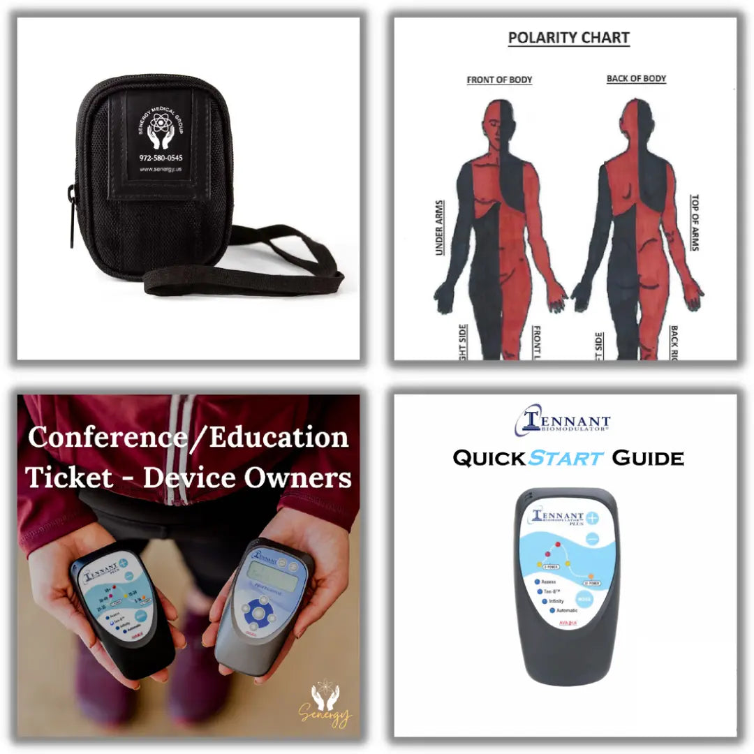 4 photos in a grid, top left is a biomodulator pro and plus carrying case, top right is a body polarity chart, bottom left is a woman holding both the biomodulator pro and plus and bottom left is the biomodulator plus