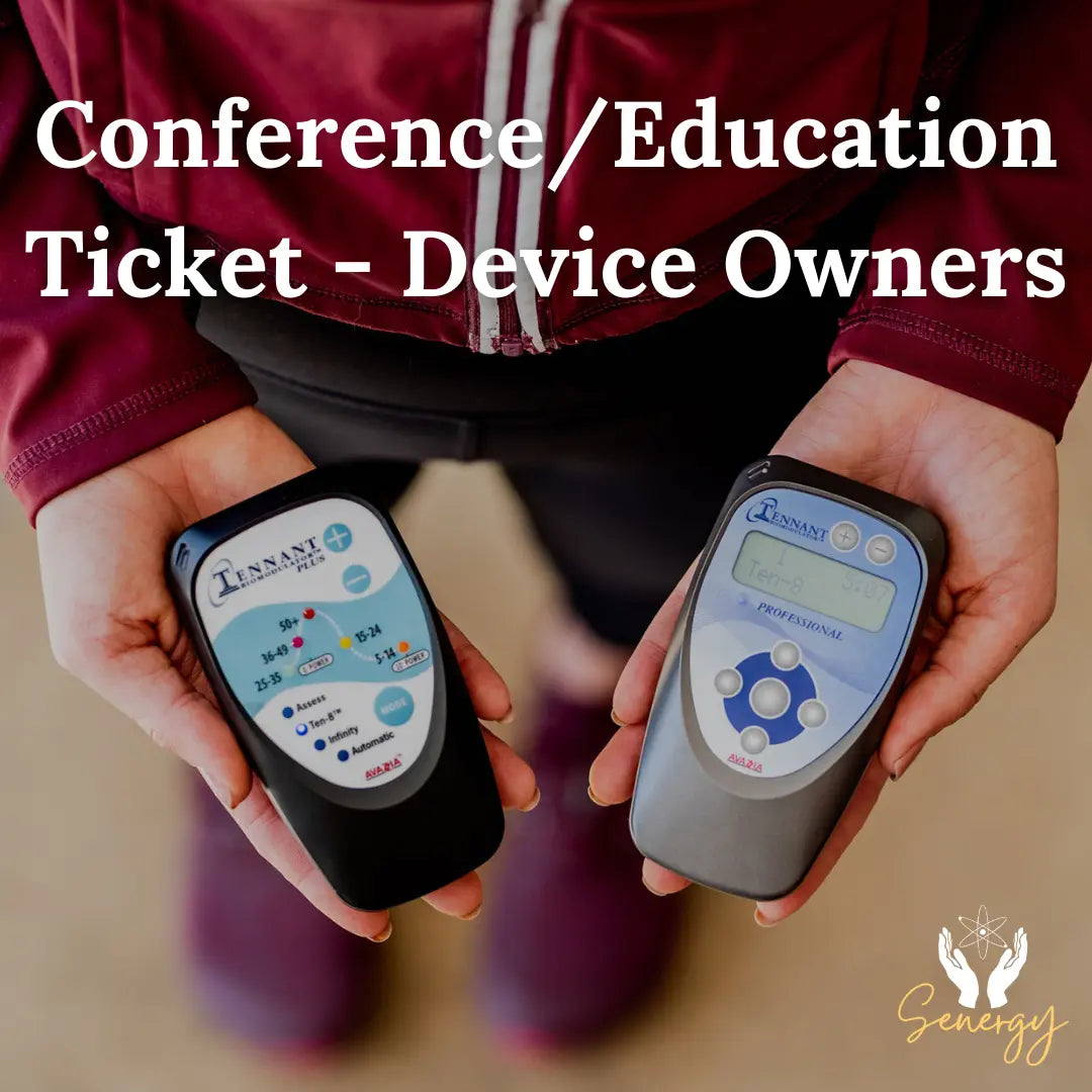 photo of a woman holding both the biomodulator pro and plus in her hands with the words conference/education ticket - device owners
