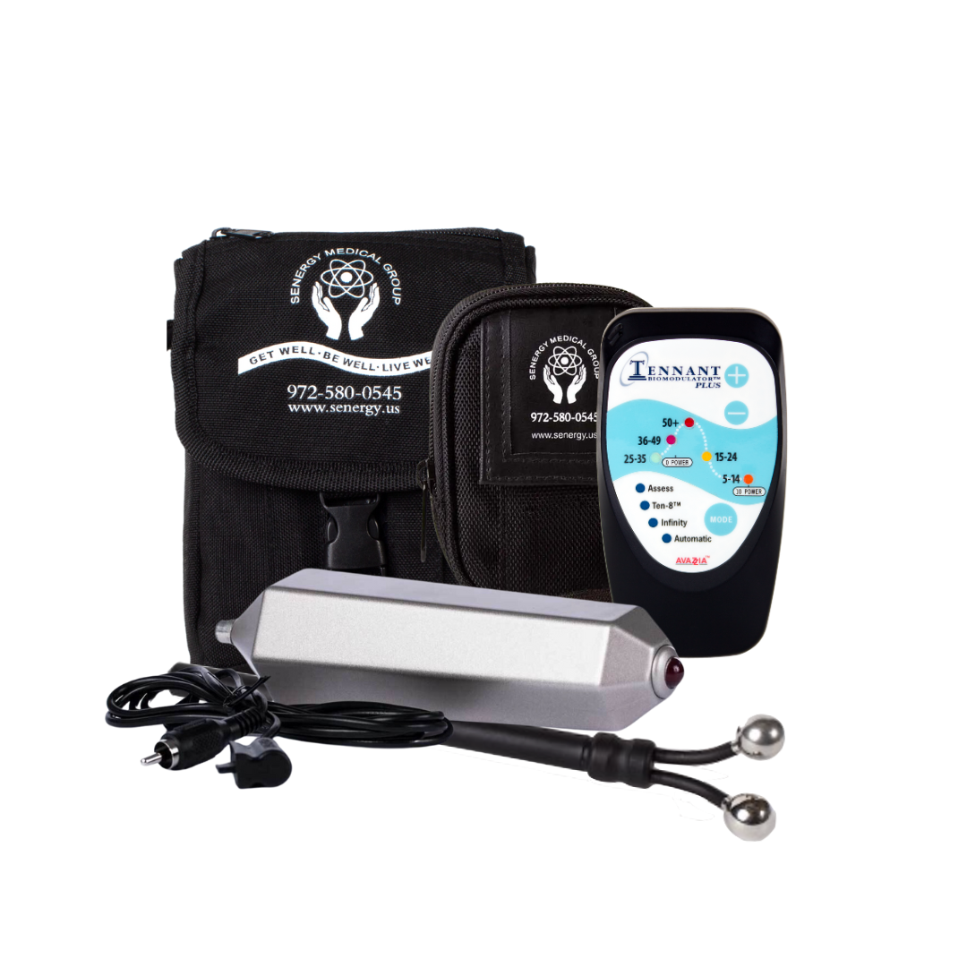 Photo of a Biomodulator plus with y-electrode and crystal wave attachment and carrying case. 