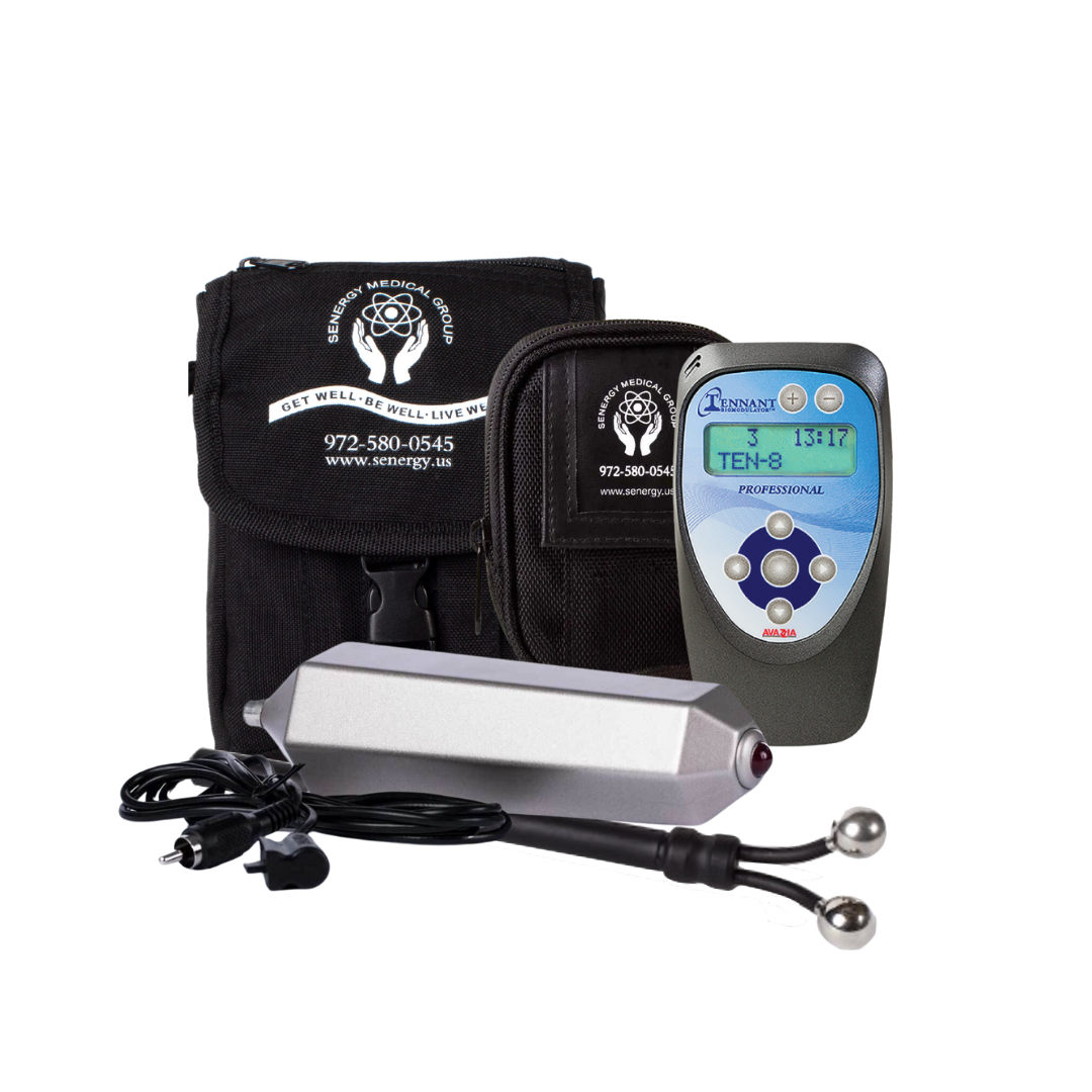 Photo of Biomoulator pro with Biotransducer crystal wave, 1 large Y-electrode attachment with sleeve protector and 4pin lead wire and a medium sized fanny pack.